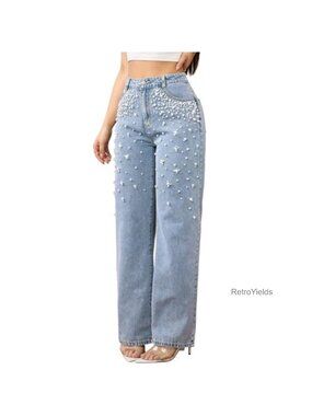 High Rise Straight Wide Leg Pearl Rhinestone Embellished Jeans